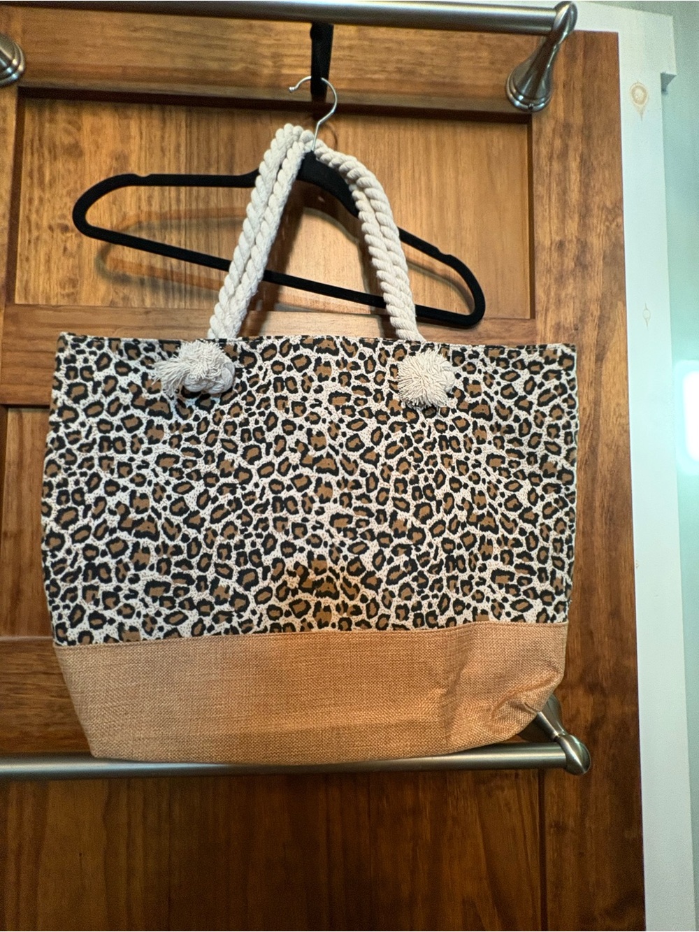 Leopard Print Canvas Tote Bag with Rope Handles - Brown & Cream